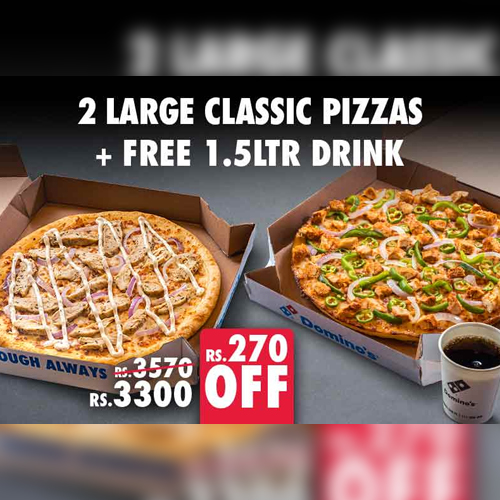  Domino’s Double Deal – 2 Large Pizzas + Drink for Just Rs. 3300!